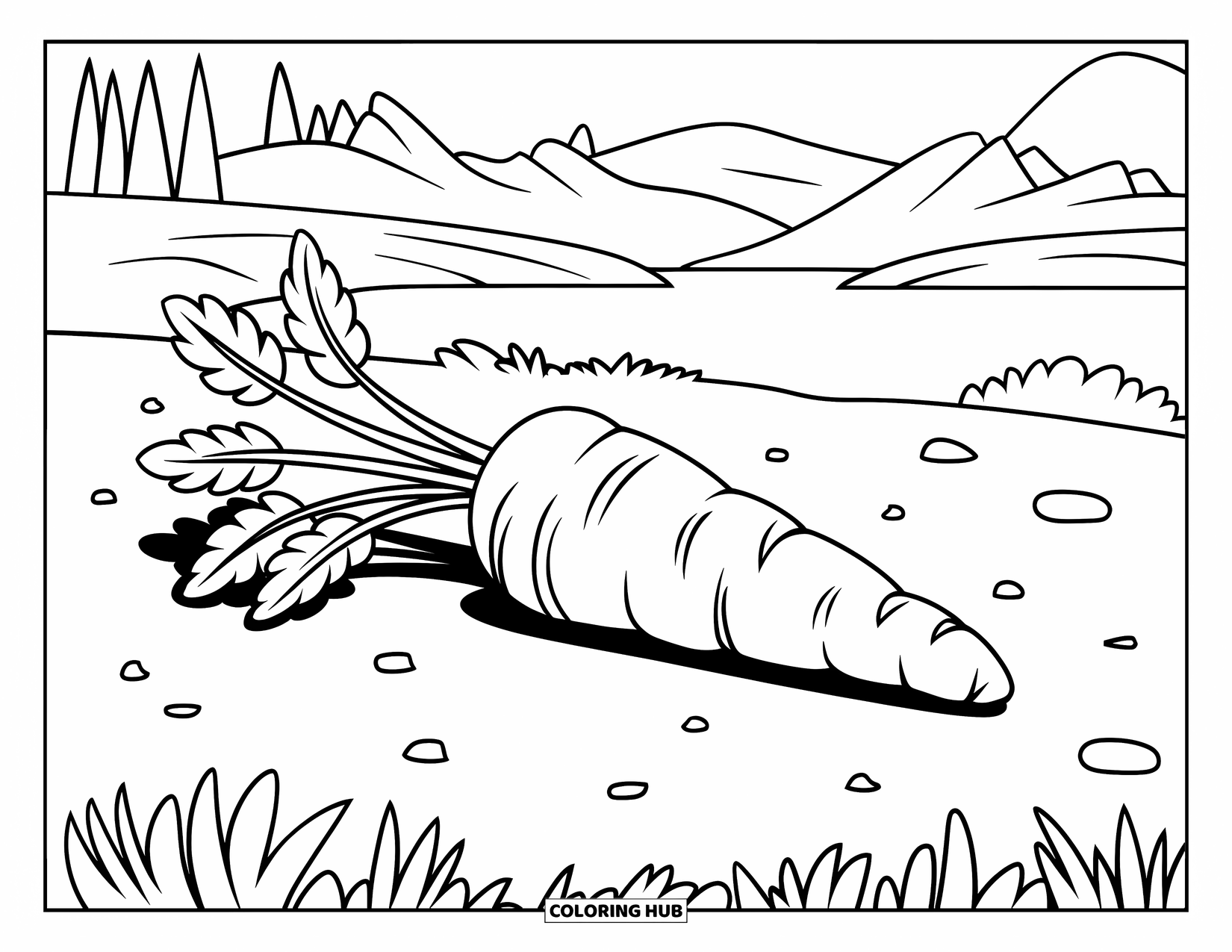 Carrot Coloring Page for Kids: A cheerful carrot rests on rocky soil near trees and mountains
