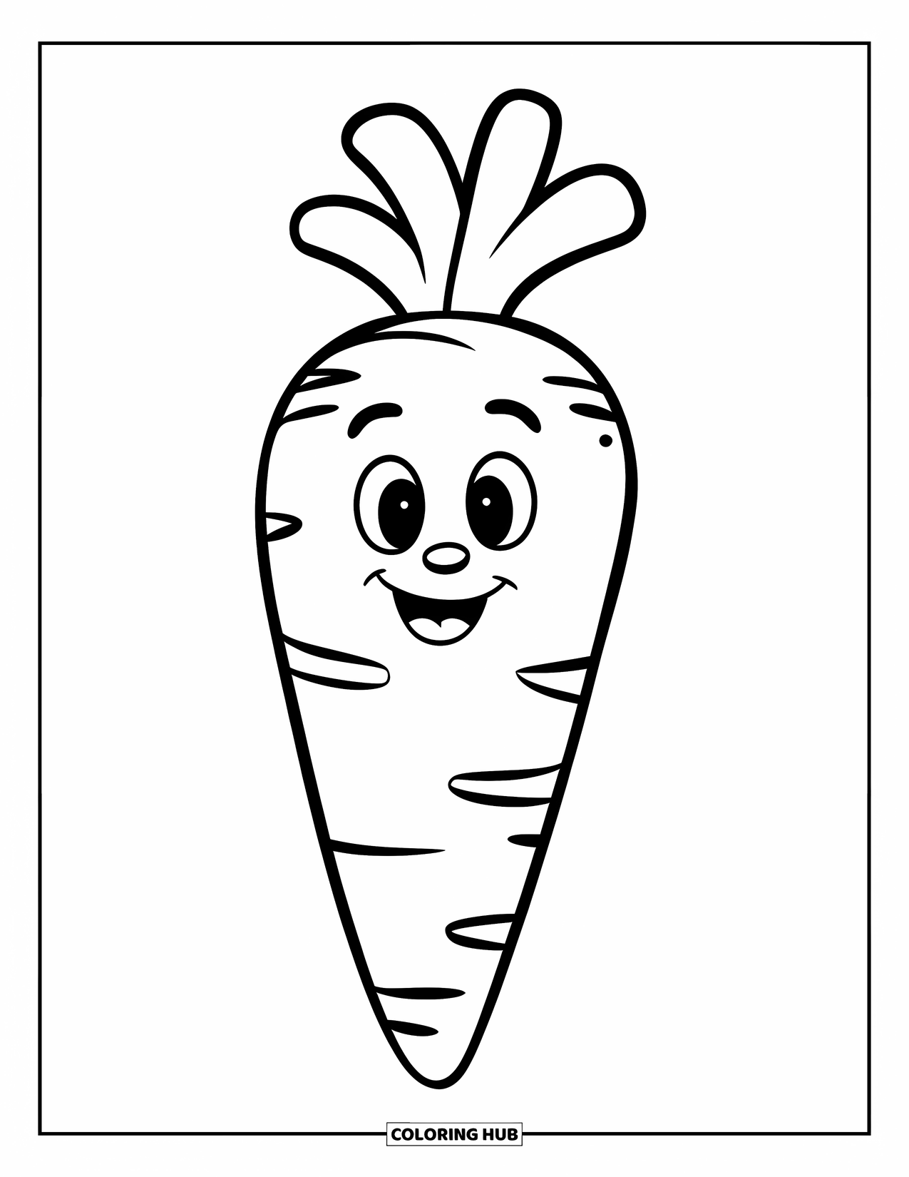 Carrot Coloring Page for Kids: A happy carrot stands upright with a cheerful look for preschoolers