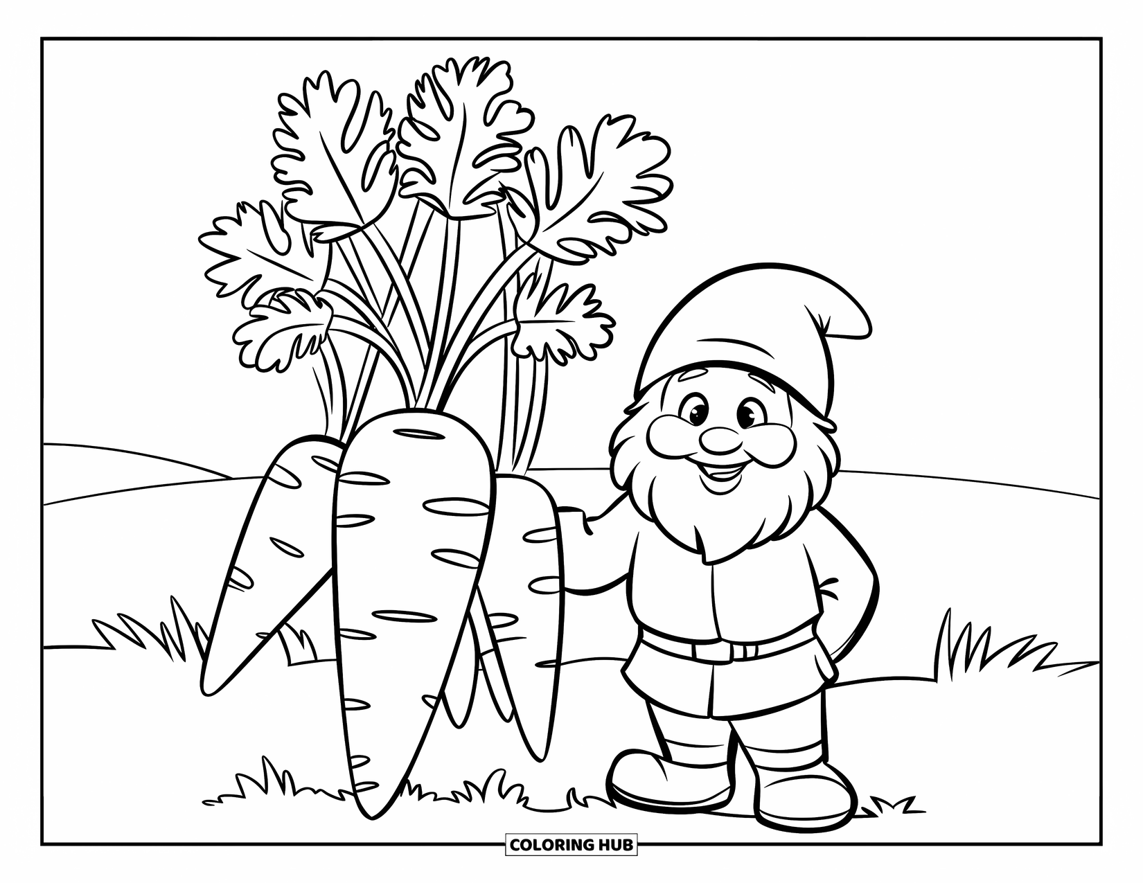 Carrot Coloring Page for Kids: A happy gnome poses next to a large carrot plant in the grass