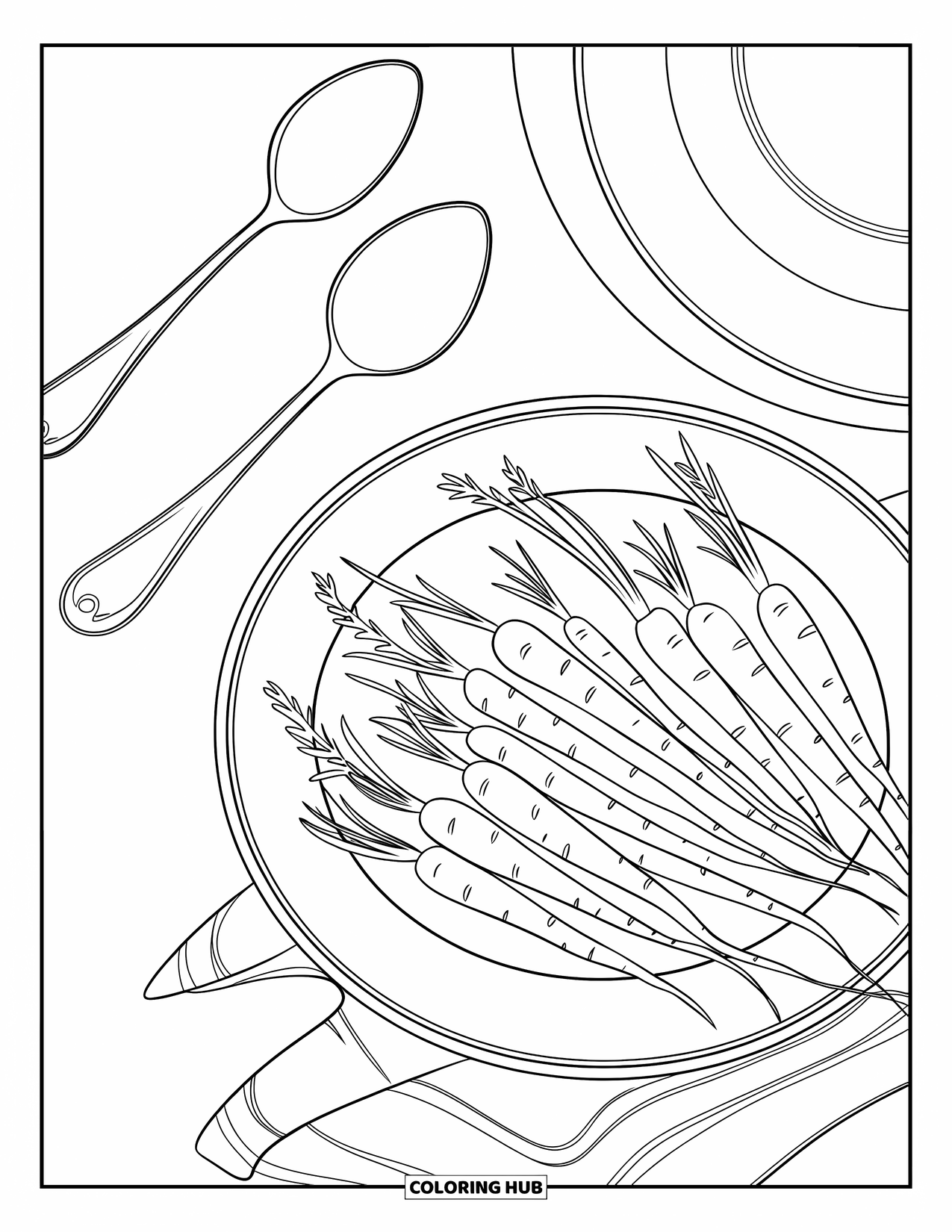 Carrot Coloring Page for Kids: A plate of roasted carrots and herbs rests beside fancy serving tools