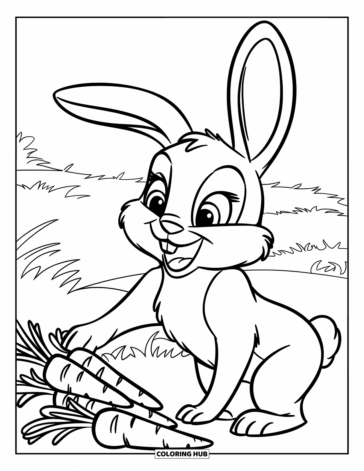 Carrot Coloring Page for Kids: A smiling bunny reaches for a stack of fresh carrots in the field