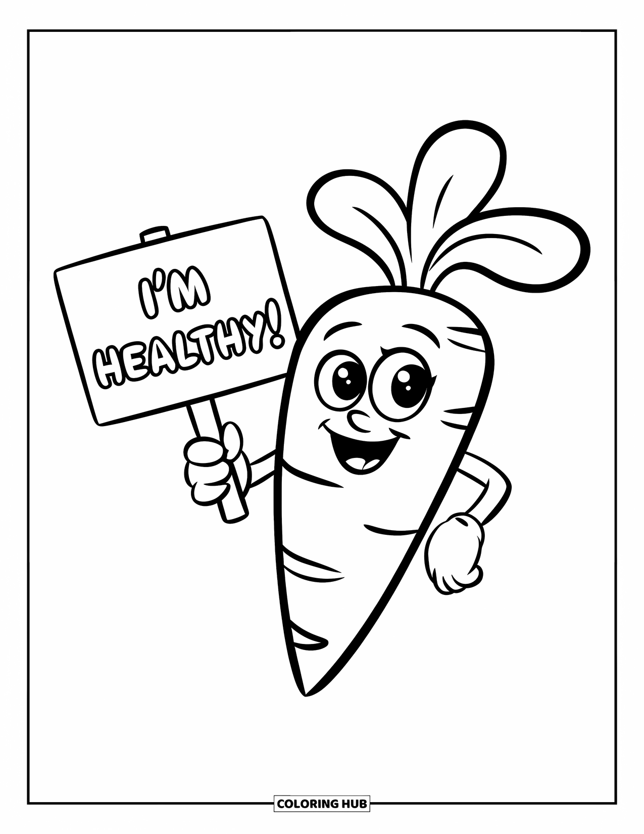 Carrot Coloring Page for Kids: A smiling carrot shows off its "I'm Healthy!" sign