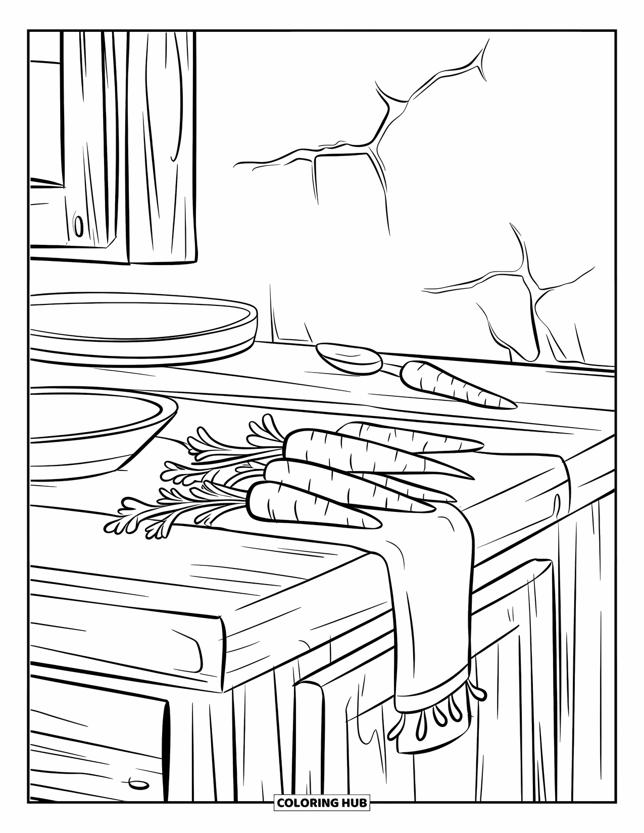 Carrot Coloring Page for Kids: Carrots and a tea towel rest on a wooden counter with vintage charm