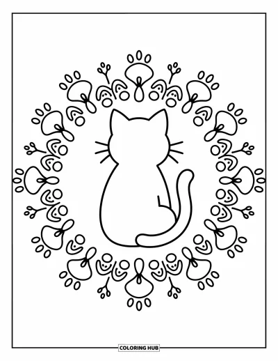 Coloriage de mandala de chat pour adultes : Chat vu de dos dans un mandala de pattes, d'oreilles et de petits coussinets