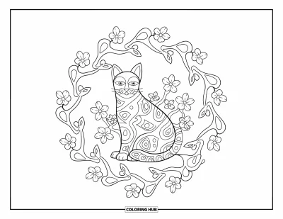 Coloriage de mandala de chat pour adultes : Chat parmi des cerisiers en fleurs sinueux avec une bordure de mandala simple et épurée