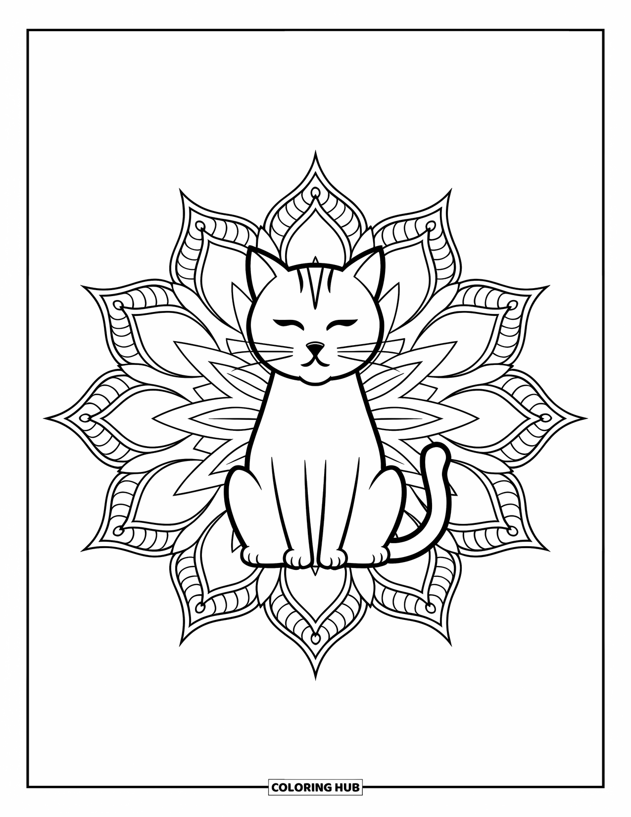 Cat Mandala Coloring Page for Adults: Cat meditating in lotus position, surrounded by ornate symmetrical mandala petals