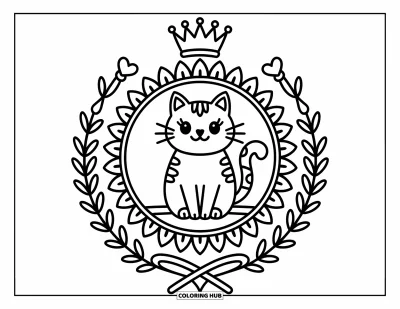 Coloriage de mandala de chat pour adultes : Chat sur un trône circulaire entouré de couches de mandala et de symboles royaux