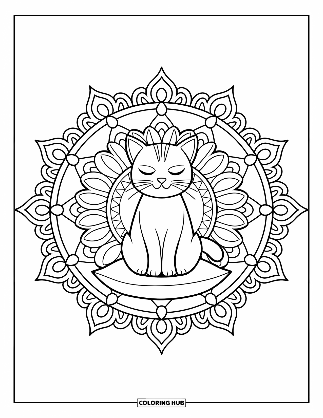Cat Mandala Coloring Page for Adults: Cat on a pillow in lotus pose inside an ornate petal-filled mandala