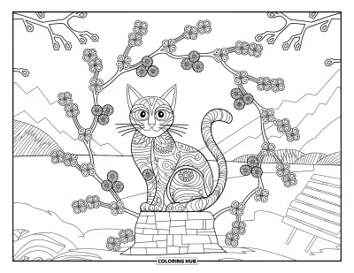 Coloriage de mandala de chat pour adultes : Chat sur un socle de pierre entouré de cerisiers en fleurs, d'un pont et d'un cadre mandala