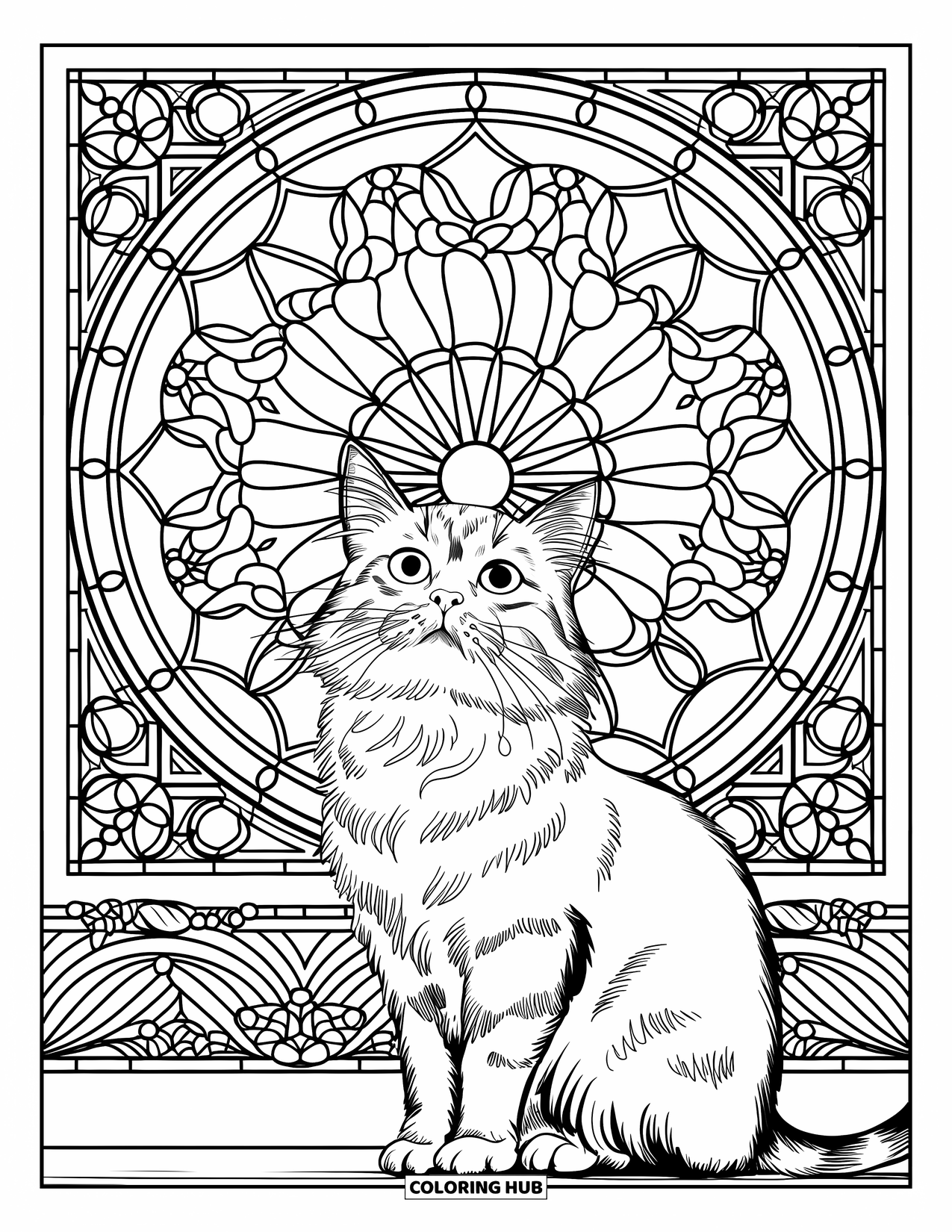 Cat Mandala Coloring Page for Adults: Cat on wooden surface under a circular mandala window of roses and vines