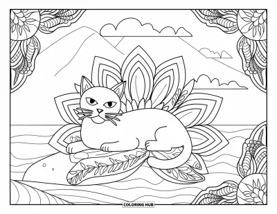 Coloriage de mandala de chat pour adultes : Chat se reposant sur un rocher près de l'eau, encadré par des mandalas et un paysage de montagne