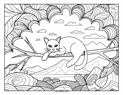 Coloriage de mandala de chat pour adultes : Chat se reposant sur une branche avec des mandalas floraux et un paisible arrière-plan de montagne