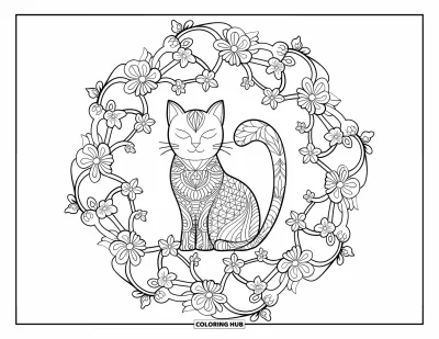 Coloriage de mandala de chat pour adultes : Chat assis sur une pierre entouré de mandalas de fleurs de cerisier pour un moment de détente