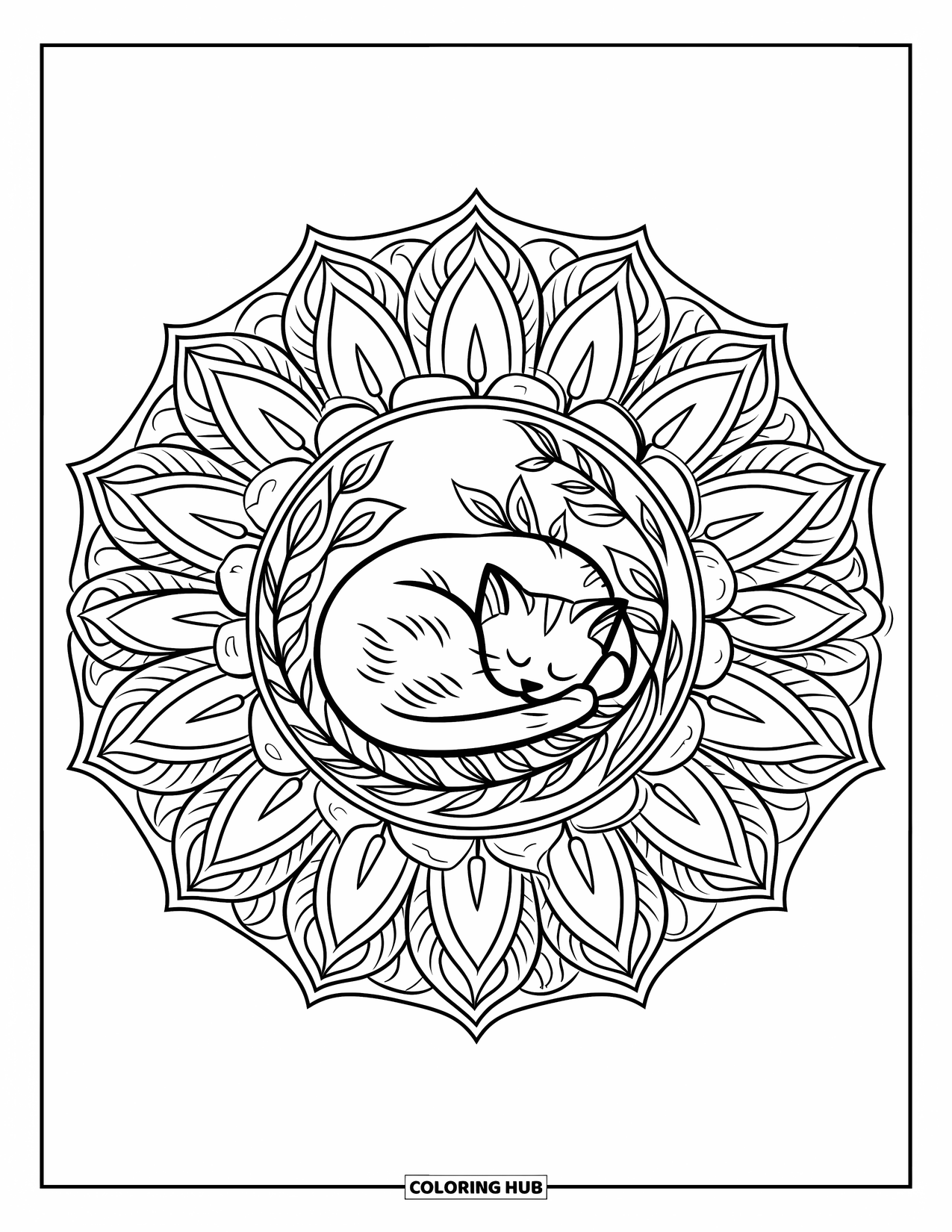 Cat Mandala Coloring Page for Adults: Cat sleeping in the center of a leafy circular mandala on white