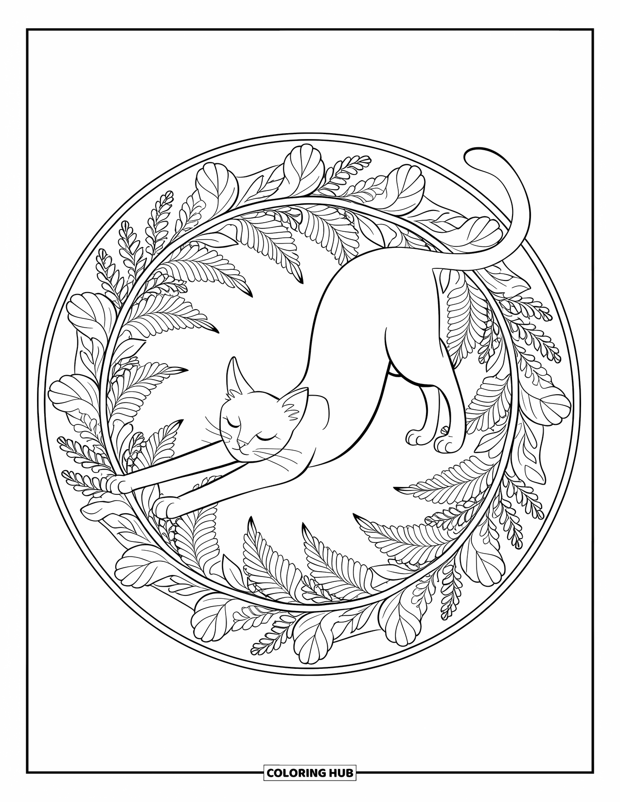 Cat Mandala Coloring Page for Adults: Cat stretching inside a circular mandala of fern leaves and ivy vines