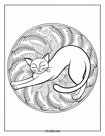 Coloriage de mandala de chat pour adultes : Chat les yeux fermés qui s'étire dans un mandala feuillu de lierre et de fougères