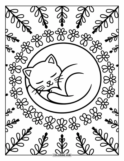 Coloriage de mandala de chat pour adultes : Chat en spirale bien au chaud dans un mandala superposé de fleurs et de feuilles