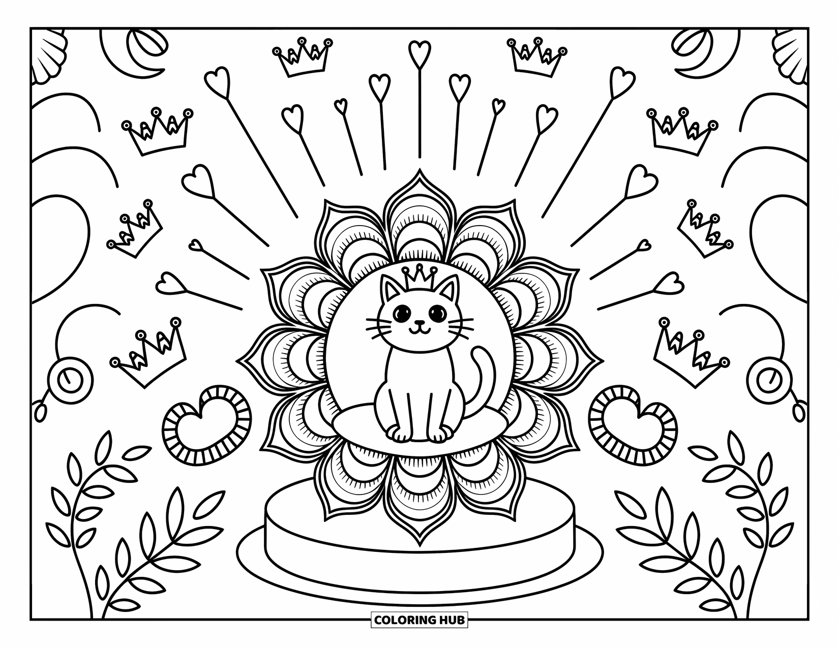 Cat Mandala Coloring Page for Adults: Crowned cat perched atop a throne of mandala rings and heart-tipped scepters