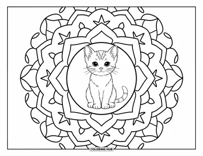 Coloriage de mandala de chat pour adultes : Chaton curieux dans un mandala aux motifs ludiques et aux formes douces