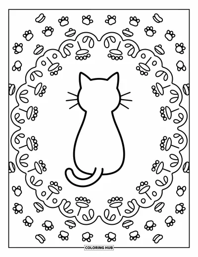 Coloriage de mandala de chat pour adultes : Chat à la queue enroulée au centre d'un mandala rempli d'empreintes de pattes et d'oreilles