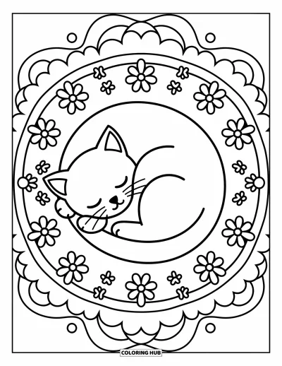 Coloriage de mandala de chat pour adultes : Chat lové au centre d'un paisible mandala floral orné d'empreintes de pattes