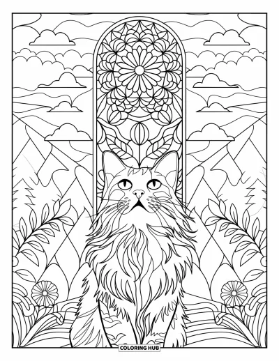 Coloriage de mandala de chat pour adultes : Chat regardant au loin devant une fenêtre de mandala floral avec un paysage de montagne