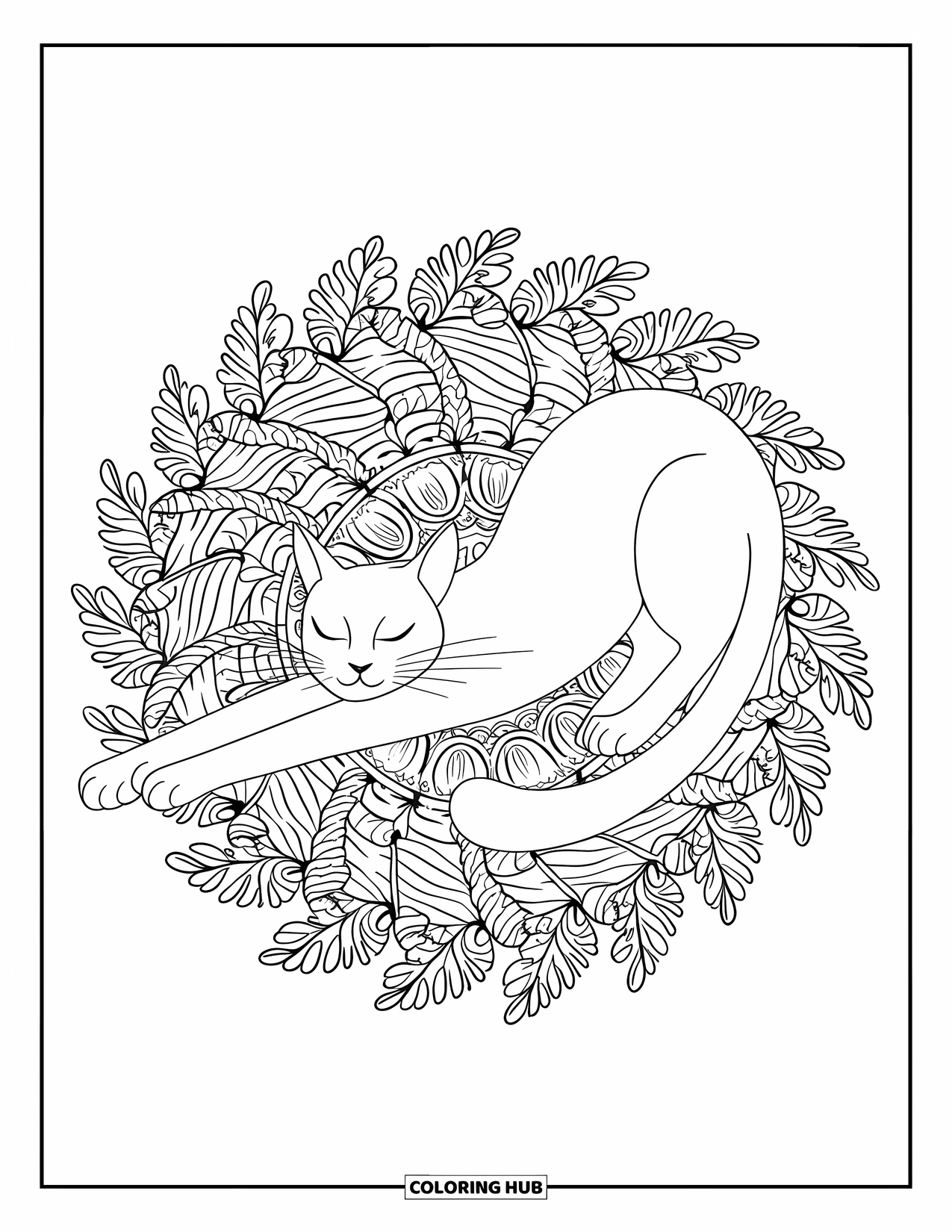 Cat Mandala Coloring Page for Adults: Graceful cat in a mandala of fern and ivy, stretching with closed eyes