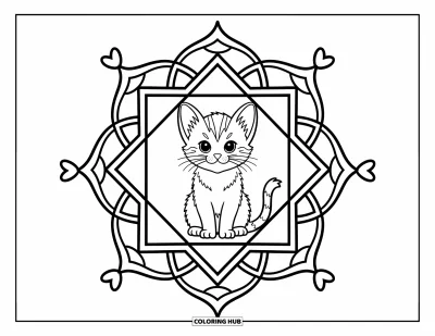 Coloriage de mandala de chat pour adultes : Chaton dans un mandala rosette composé de triangles, d'étoiles et de traits félins