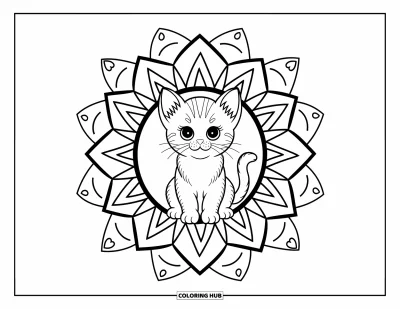 Coloriage de mandala de chat pour adultes : Chaton aux grands yeux assis dans une rosette de mandala garnie de triangles et de losanges