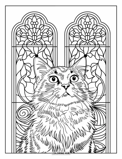 Coloriage de mandala de chat pour adultes : Chat aux longs poils regardant vers le haut devant une fenêtre en mandala floral style vitrail