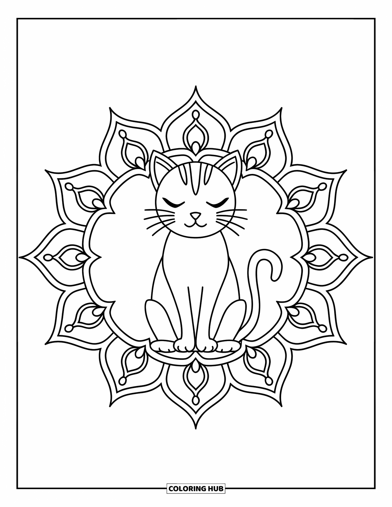 Cat Mandala Coloring Page for Adults: Lotus-seated cat surrounded by a decorative symmetrical mandala on white