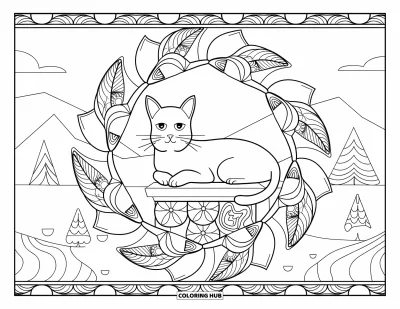 Coloriage de mandala de chat pour adultes : Chat allongé sur un pilier de pierre entouré de mandalas floraux et de paysages de montagne