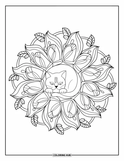 Coloriage de mandala de chat pour adultes : Chat tranquille lové dans un mandala de feuilles superposées et de lianes botaniques