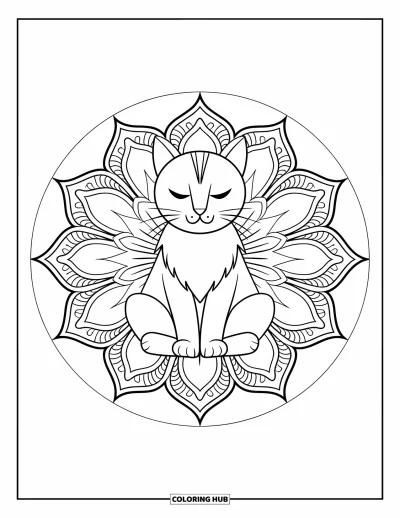 Coloriage de mandala de chat pour adultes : Chat paisible en position du lotus avec un mandala de pétales prononcés sur fond uni