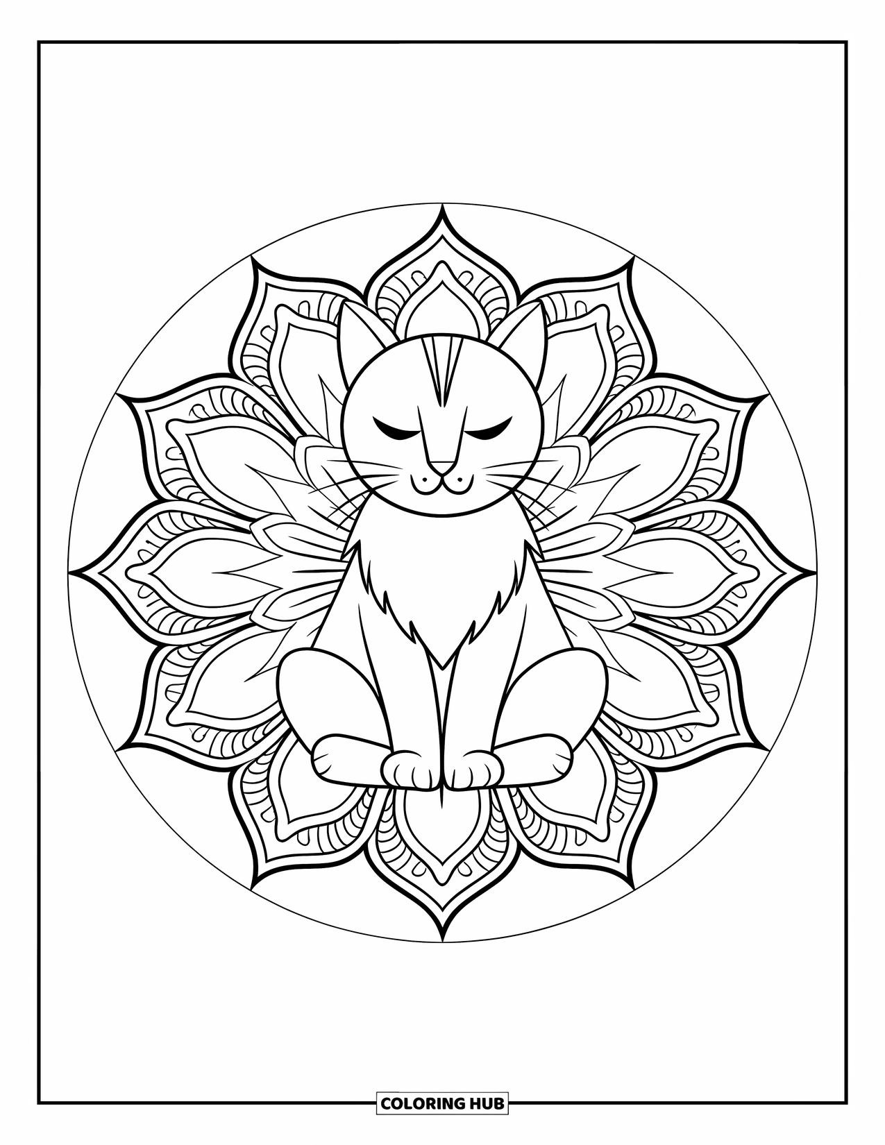 Cat Mandala Coloring Page for Adults: Peaceful cat in lotus pose with bold petal mandala and plain background
