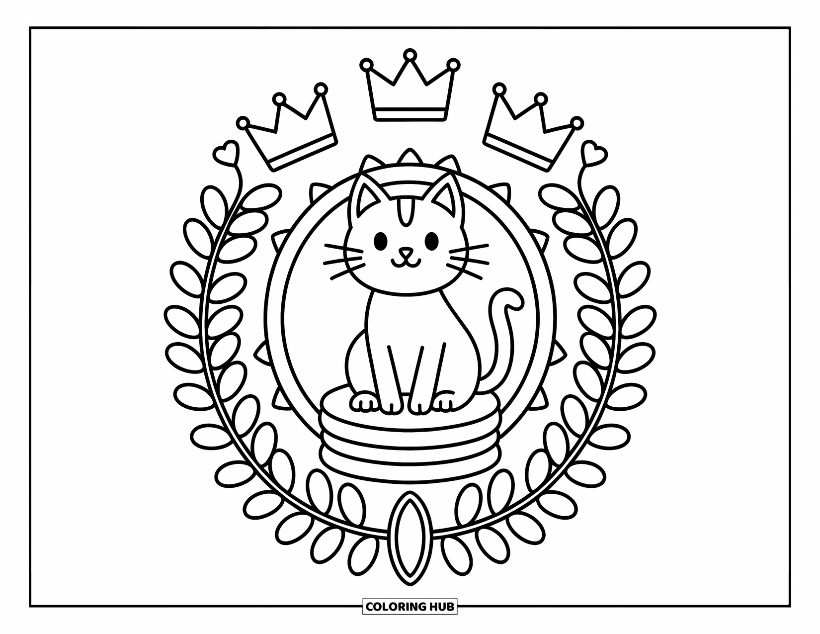 Cat Mandala Coloring Page for Adults: Regal cat sits proudly on a throne made of crowns, scepters, tails, and leaves