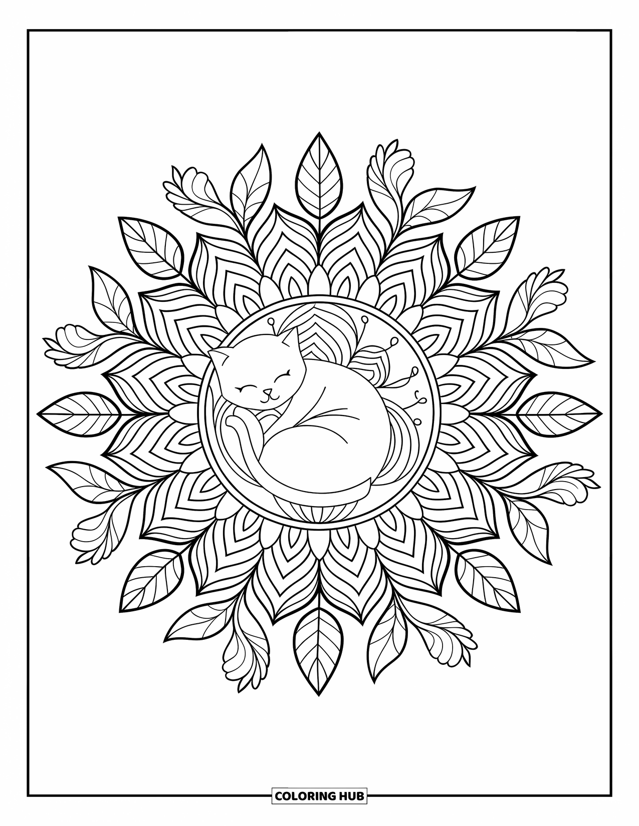 Cat Mandala Coloring Page for Adults: Relaxed cat nestled in a symmetrical mandala of intricate leaves and vines