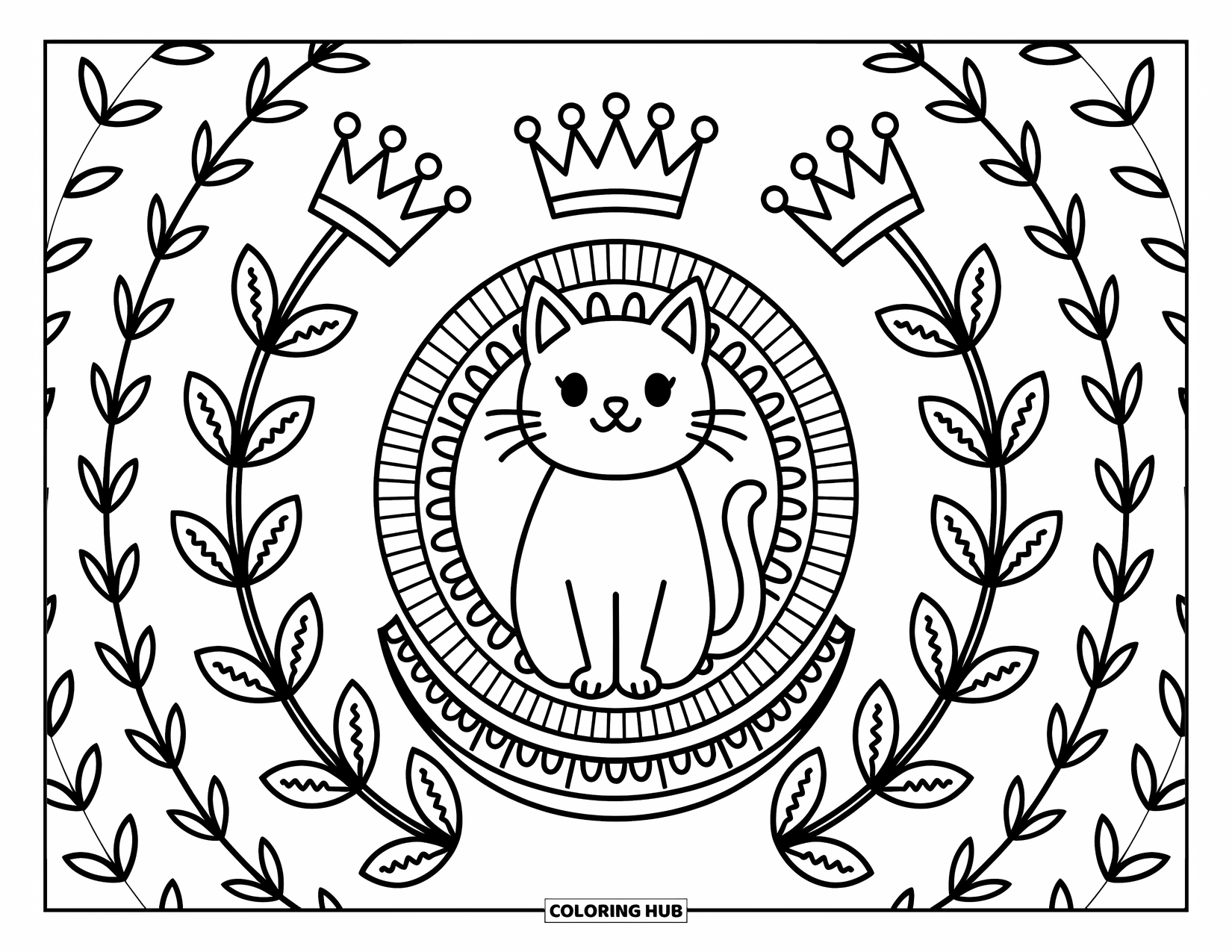Cat Mandala Coloring Page for Adults: Royal cat sits on a layered throne with crowns, tails, and leafy patterns
