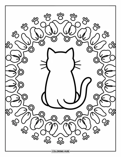 Coloriage de mandala de chat pour adultes : Chat assis vu de dos, entouré d'empreintes de pattes et de queues enroulées