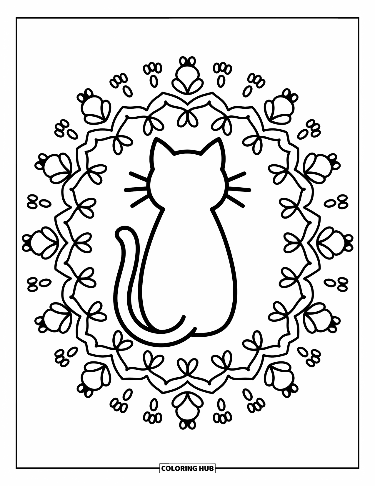 Cat Mandala Coloring Page for Adults: Simple seated cat in a mandala of cat-themed shapes and soft curves