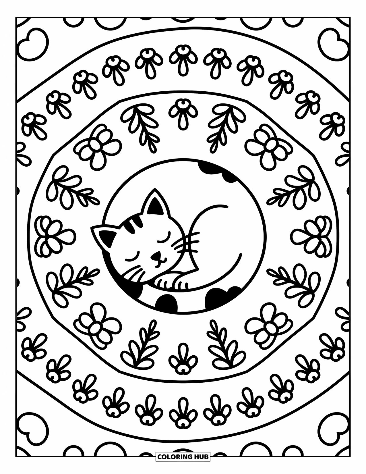 Cat Mandala Coloring Page for Adults: Sleeping cat curled in a spiral with flower and paw mandala layers
