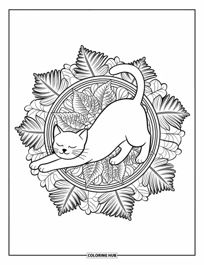 Coloriage de mandala de chat pour adultes : Chat qui s'étire encadré par un mandala détaillé de fougères et de lierre sur fond blanc