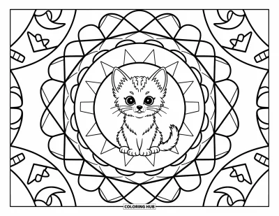 Coloriage de mandala de chat pour adultes : Petit chaton au centre d'un mandala parsemé d'étoiles et de formes félines