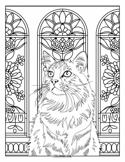 Coloriage de mandala de chat pour adultes : Chat regardant vers le haut devant un mandala floral style vitrail sur fond blanc épuré