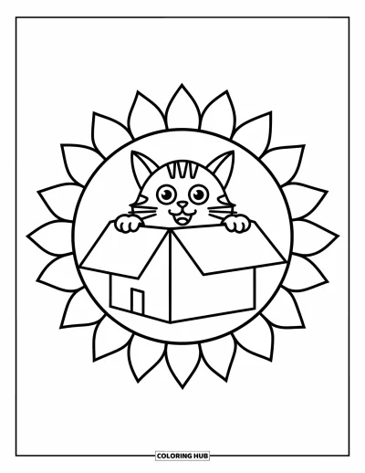Coloriage de mandala de chat pour enfants : Chat regardant hors d'une boîte encadré par des lignes de mandala ensoleillées