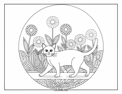 Coloriage de mandala de chat pour enfants : Chat et fleurs à l'intérieur d'un cadre mandala circulaire