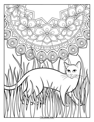 Coloriage de mandala de chat pour enfants : Chat dans l'herbe entouré de mandalas floraux détaillés