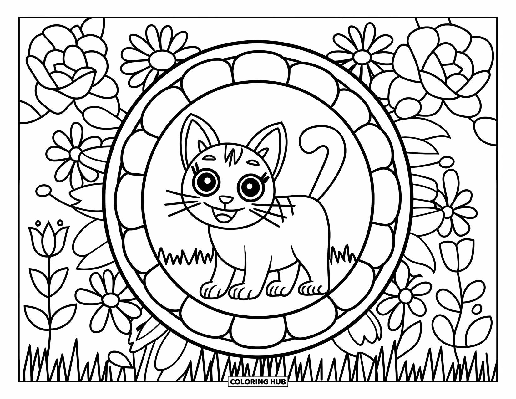 Cat Mandala Coloring Page for Kids: Cat in a field of flowers, framed by a bold mandala