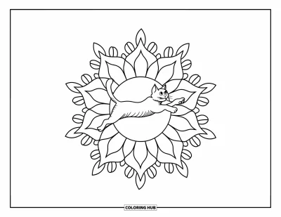 Coloriage de mandala de chat pour enfants : Chat en mouvement à l'intérieur d'un mandala étoilé aux couches superposées