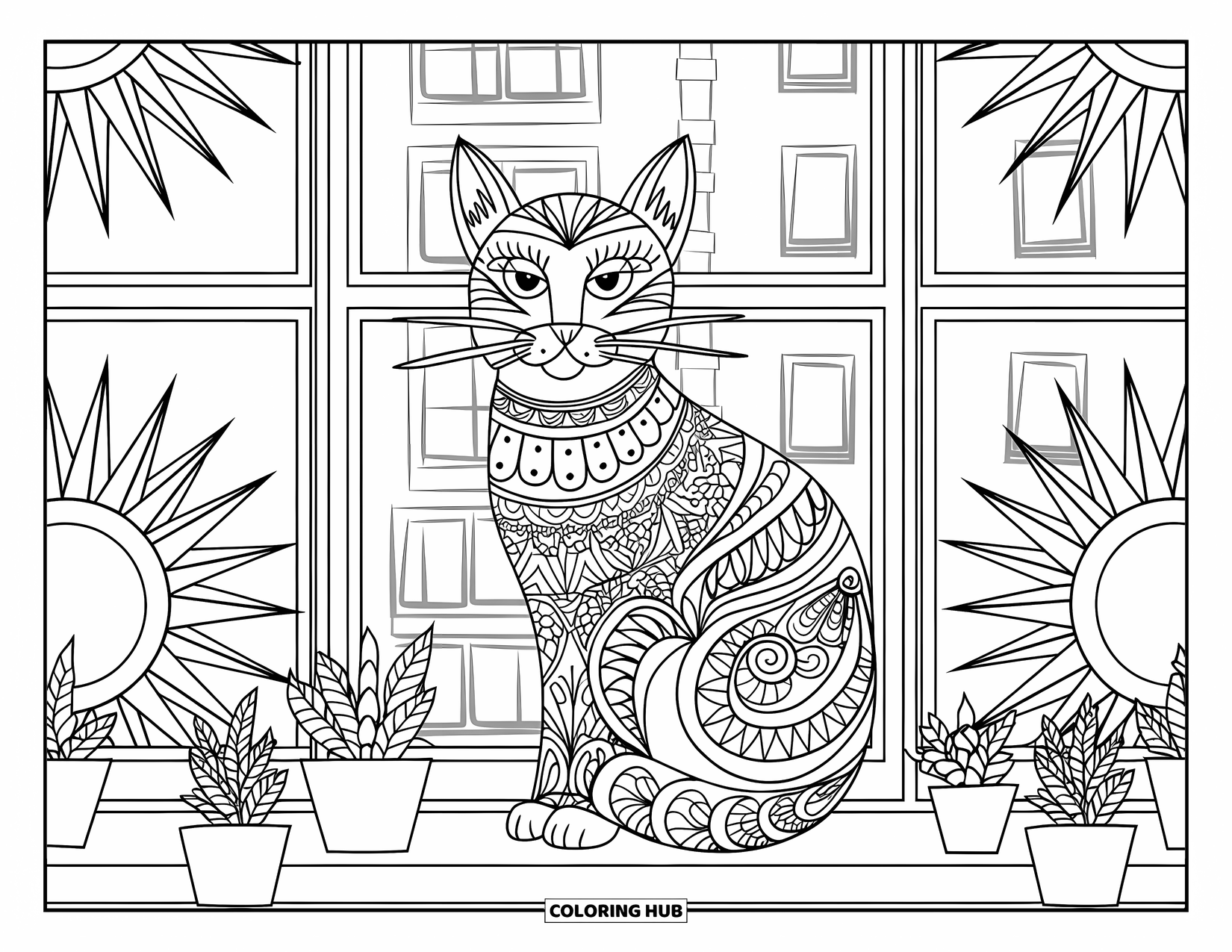 Cat Mandala Coloring Page for Kids: Cat on a windowsill with mandala sunbursts